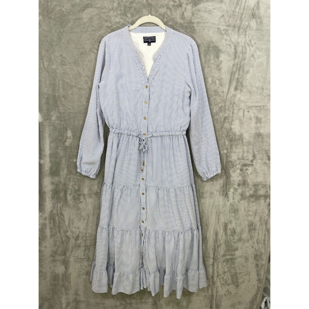 Duffield Lane Size M Blue Stripe Maxi Dress Button Front Long Sleeve Rayon 50"